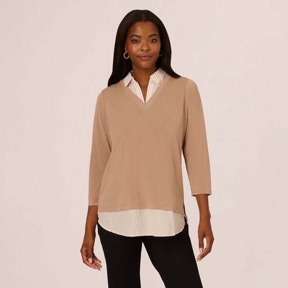 Adrianna Papell Tops - Adrianna Papell Three Quarter Sleeve Sweater Tan‎ Ivory Stripe Top NWT Size S